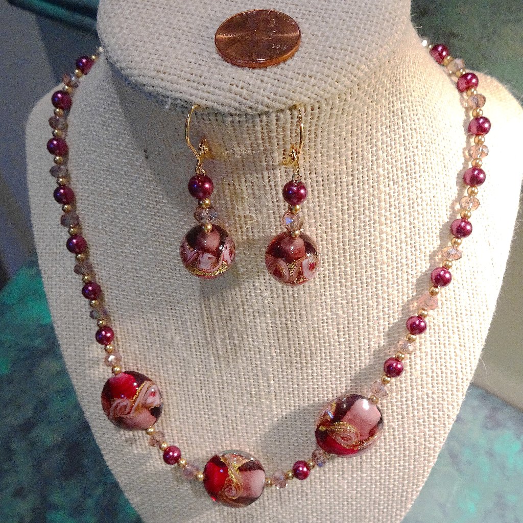 Handcrafted Necklace/Earring Set With A Trio Of Murano Focals